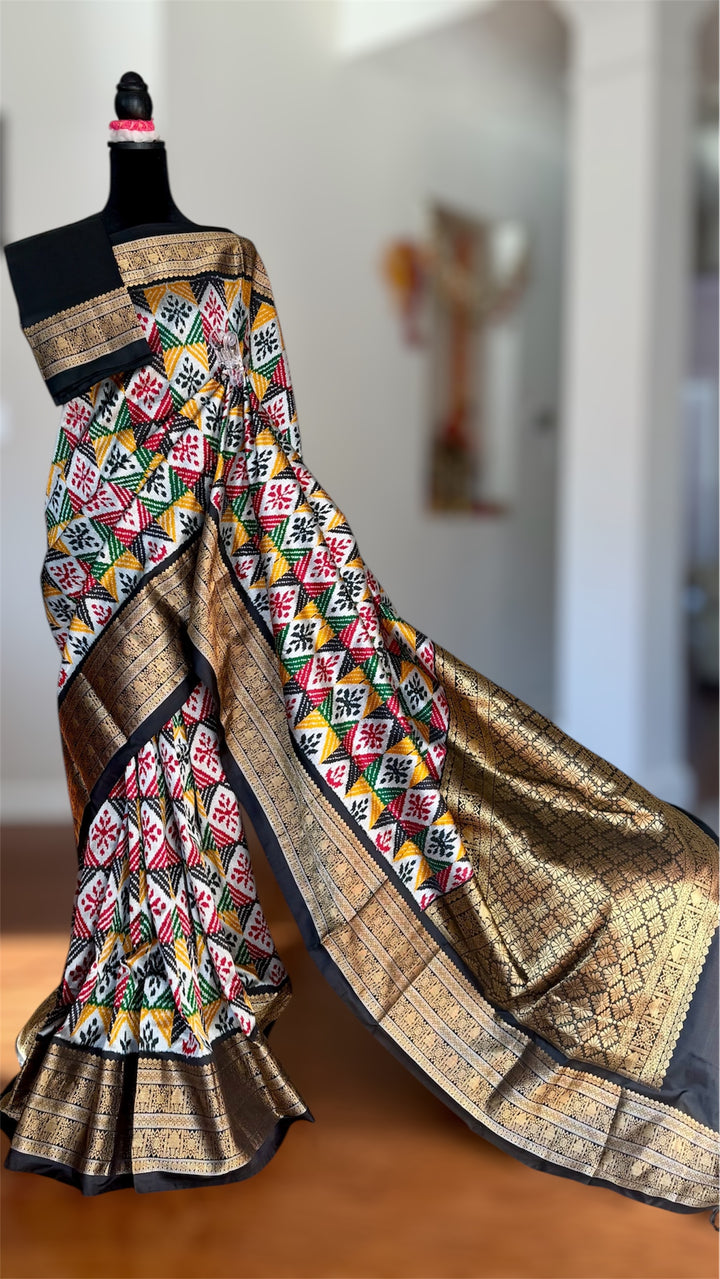Kanjivaram Ikat Pure Silk Saree with Geometric Motifs(Pochampally)Fusion Silk Saree Unstitched Blouse