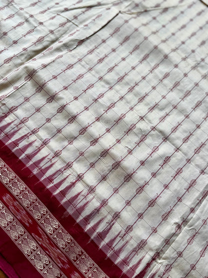 Offwhite (cream) and maroon handwoven Sambalpuri thousand motif pure Ikkat silk saree | Odisha Weaves (Copy)