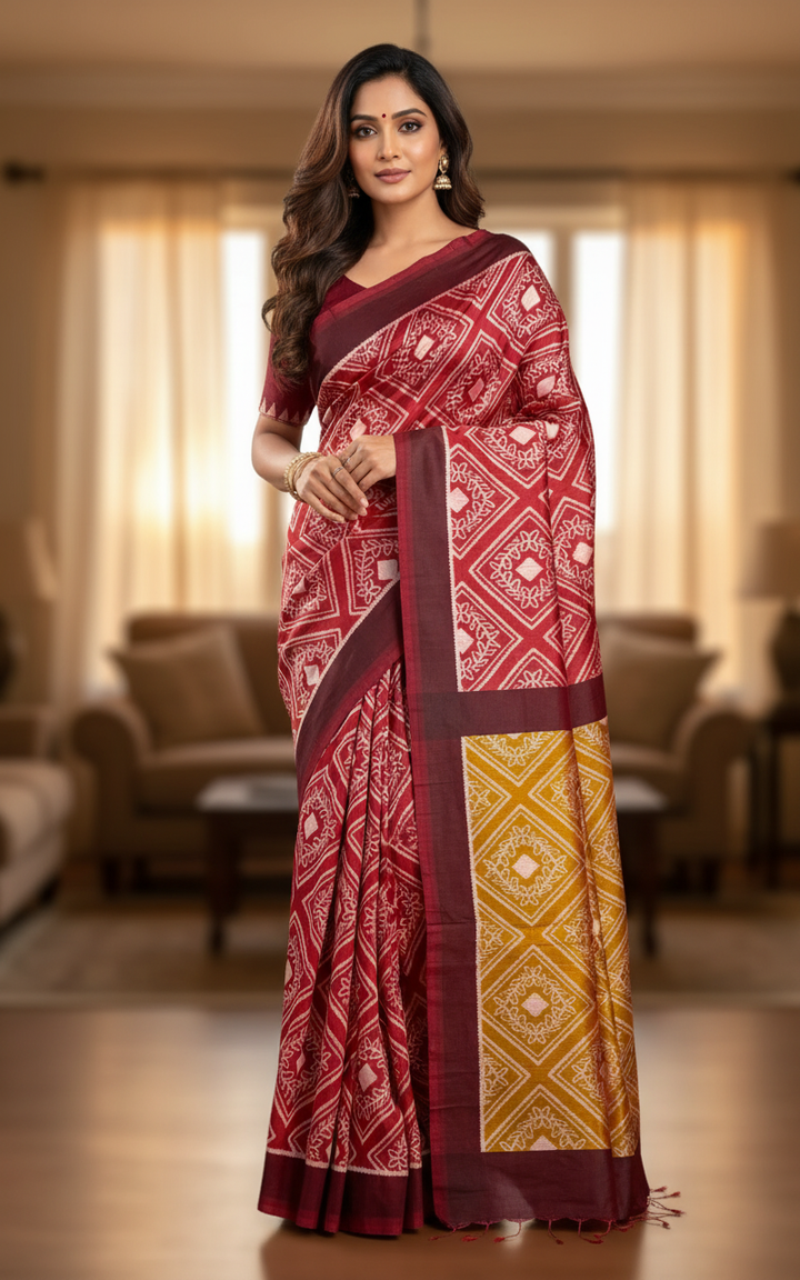 High quality contemporary Ikat Pure silk saree in light rust red
