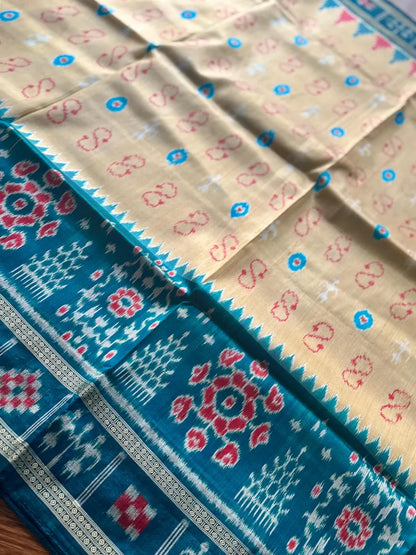Baige Gold with blue combination handwoven contemporary ikat pure silk saree | Odisha weaves