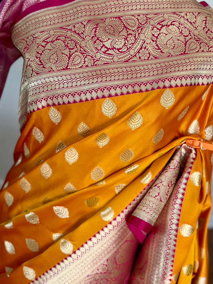 Orange Handloom Banarasi Silk Saree With Stitched Blouse