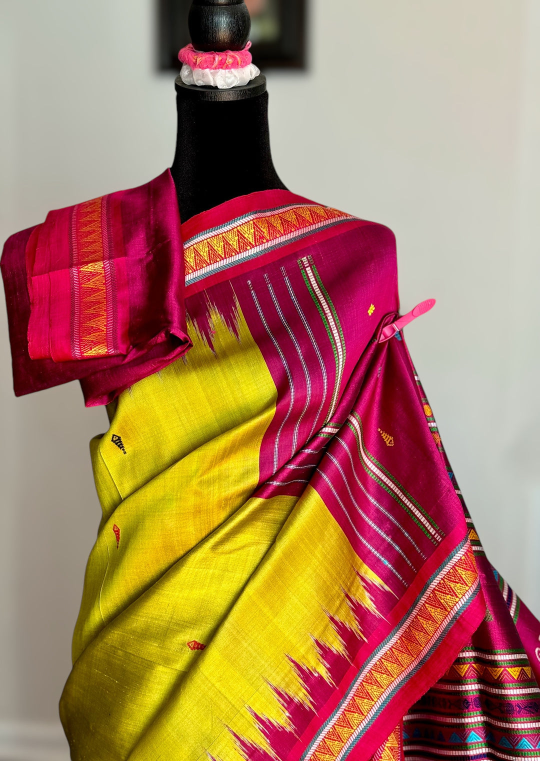 Light green and magenta pink combination Dongria double pallu contemporary ikat pure silk saree