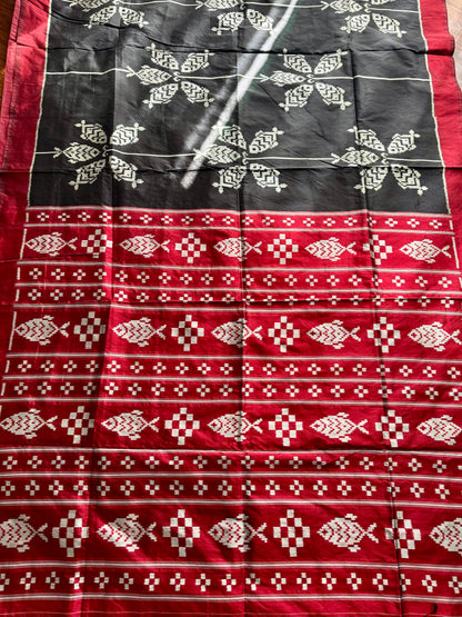 Black color fish motif handwoven ikat pure silk saree|Odisha Weaves|Contemporary Ikat|Antara
