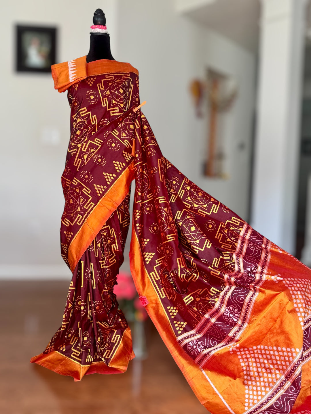 Maroon with yellow color handwoven ikat pure silk saree|Odisha Weaves|Contemporary Ikat|