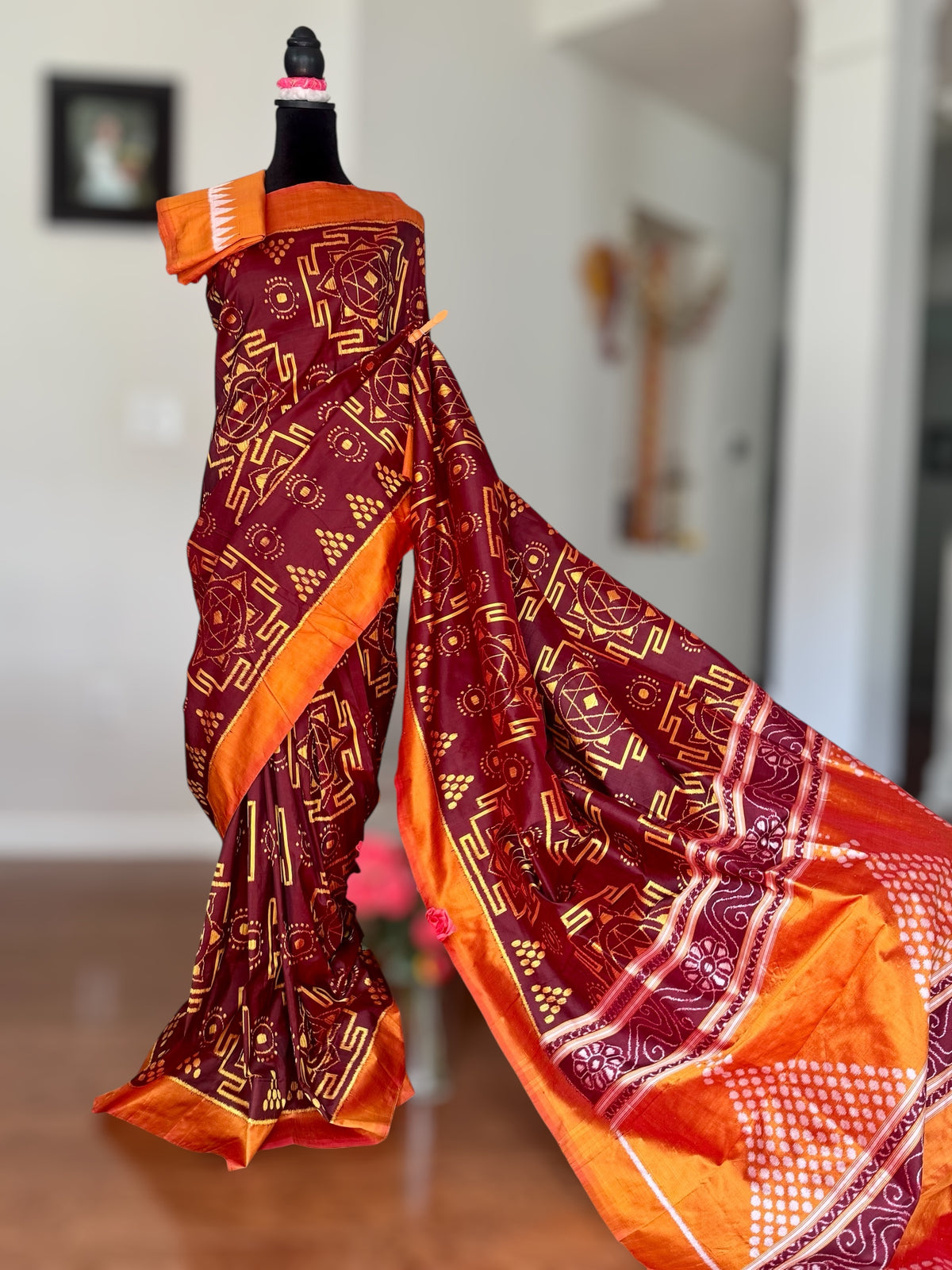 Maroon with yellow color handwoven ikat pure silk saree|Odisha Weaves|Contemporary Ikat|