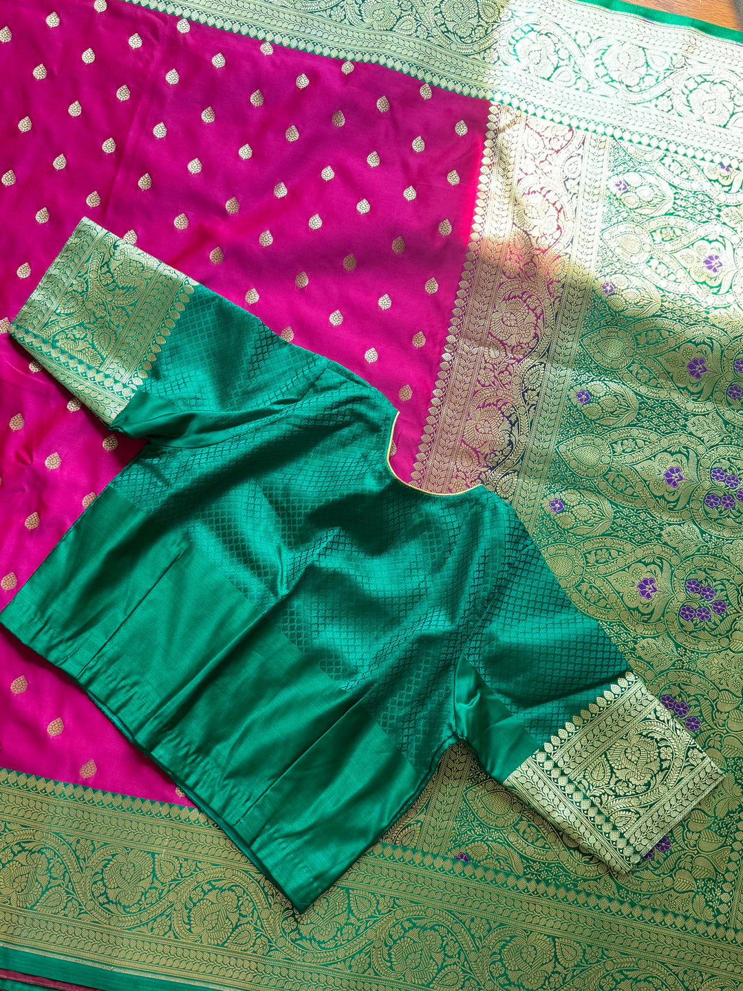 Pink Handloom Banarasi Silk Saree With Stitched Blouse