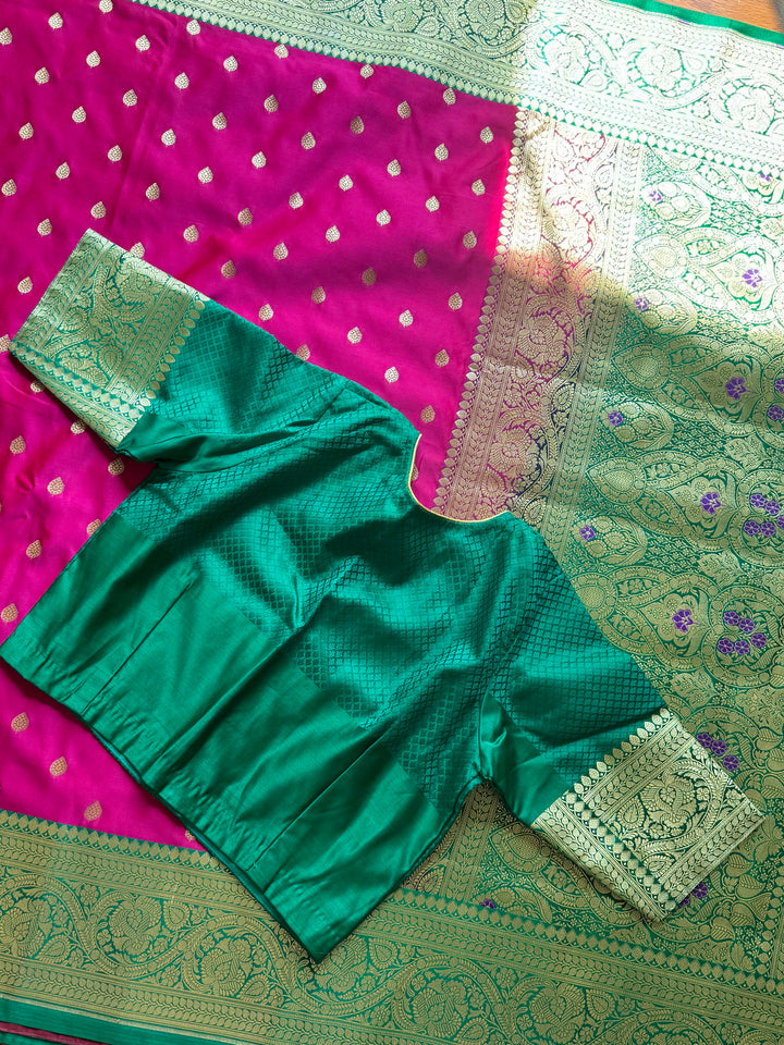Pink Handloom Banarasi Silk Saree With Stitched Blouse