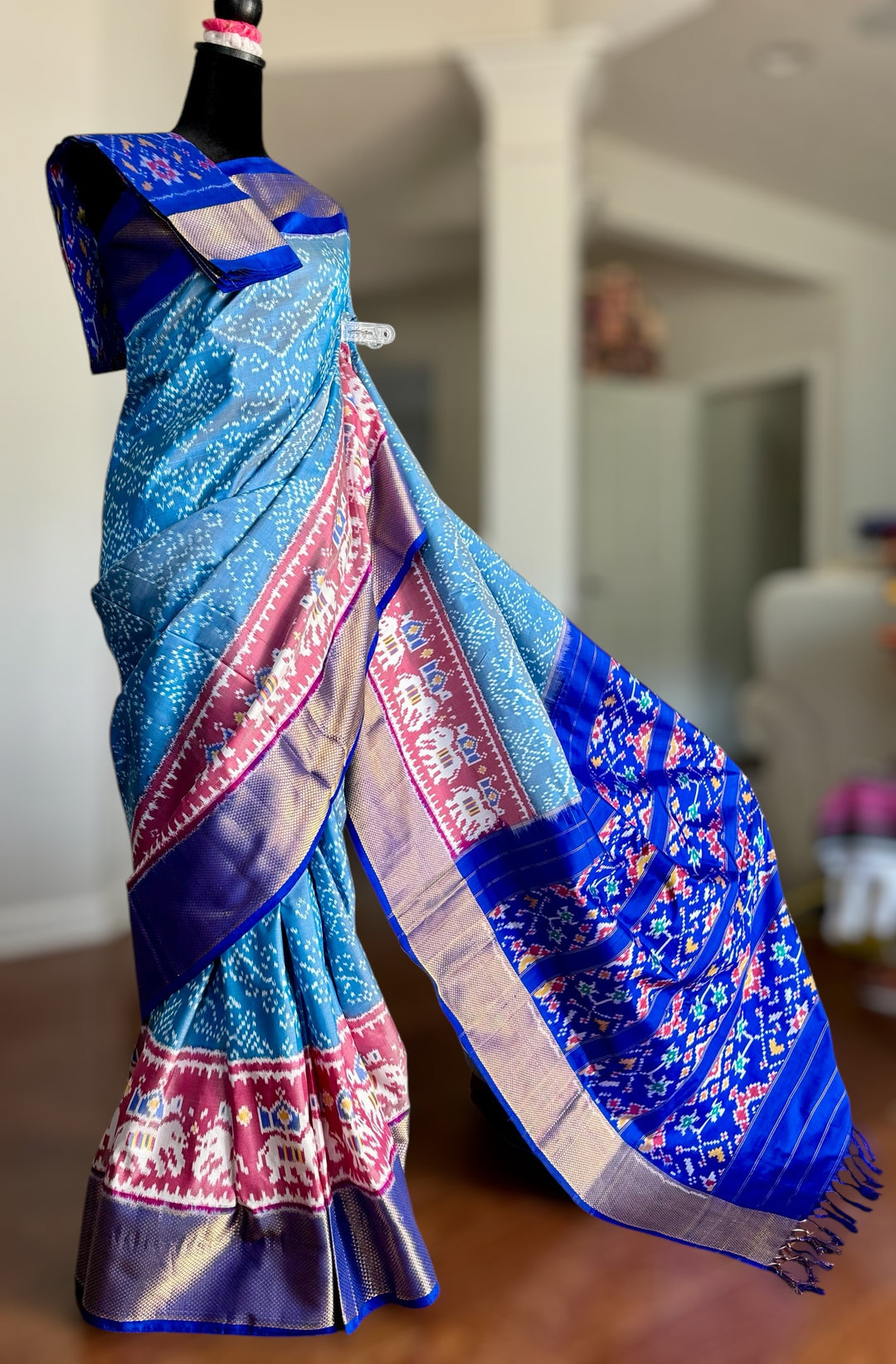 Ice blue Pochampally ikat pure silk saree
