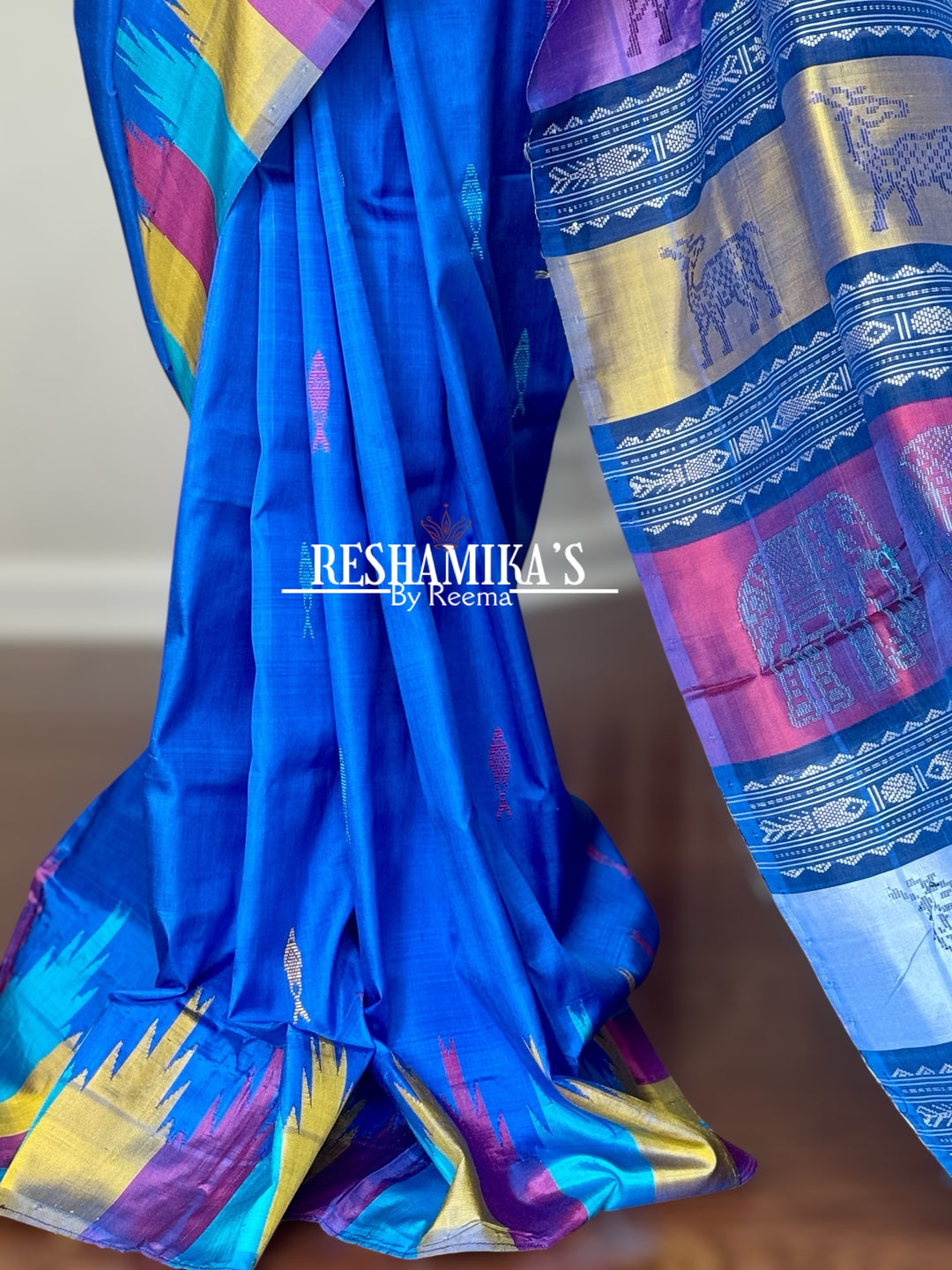Blue Berhampuri Pure Silk Saree with multi color animal motif Double pallu