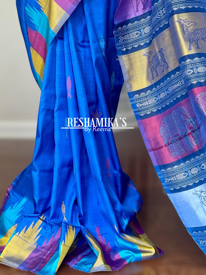 Blue Berhampuri Pure Silk Saree with multi color animal motif Double pallu