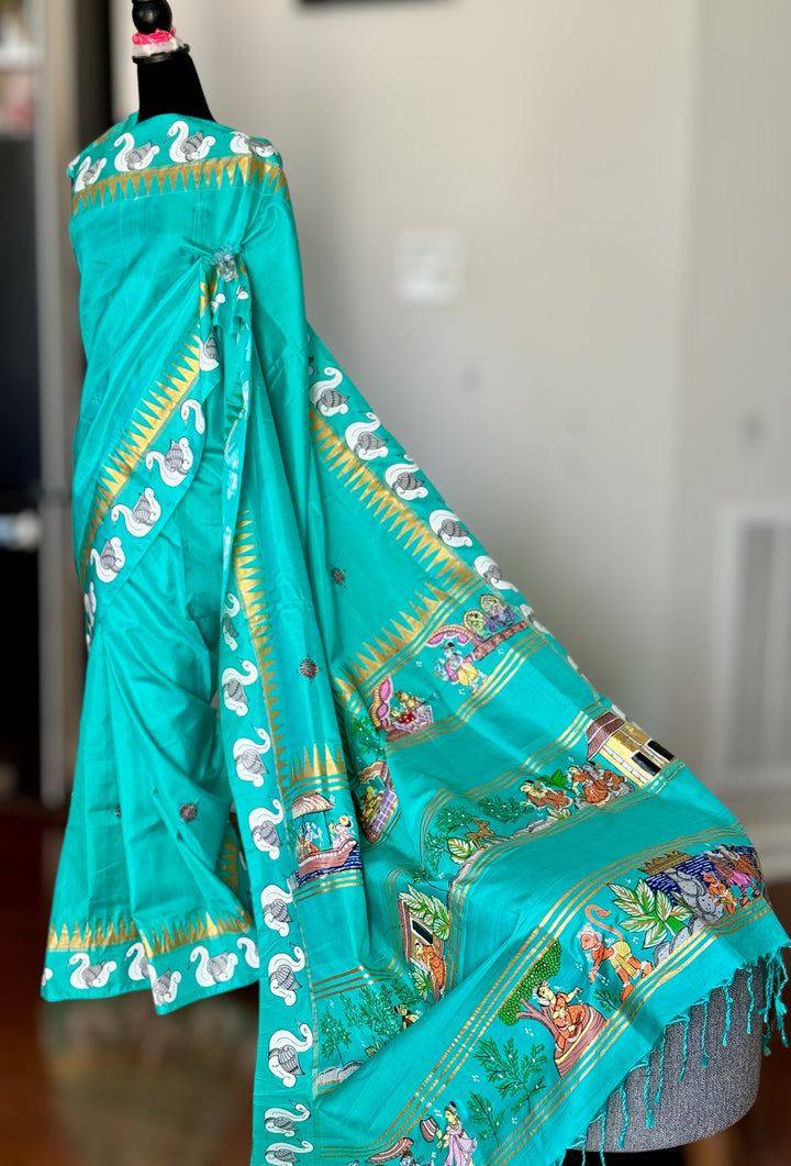 Ramayan theme Odisha Pattachitra on Kanjivaram soft silk saree
