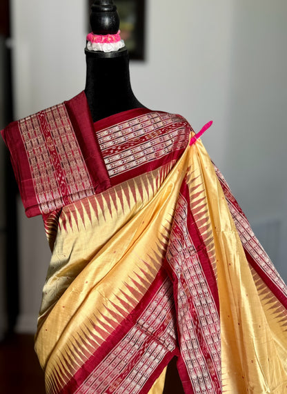 Gorgeous Pale Yellow handwoven Sambalpuri Ikat pure Silk saree