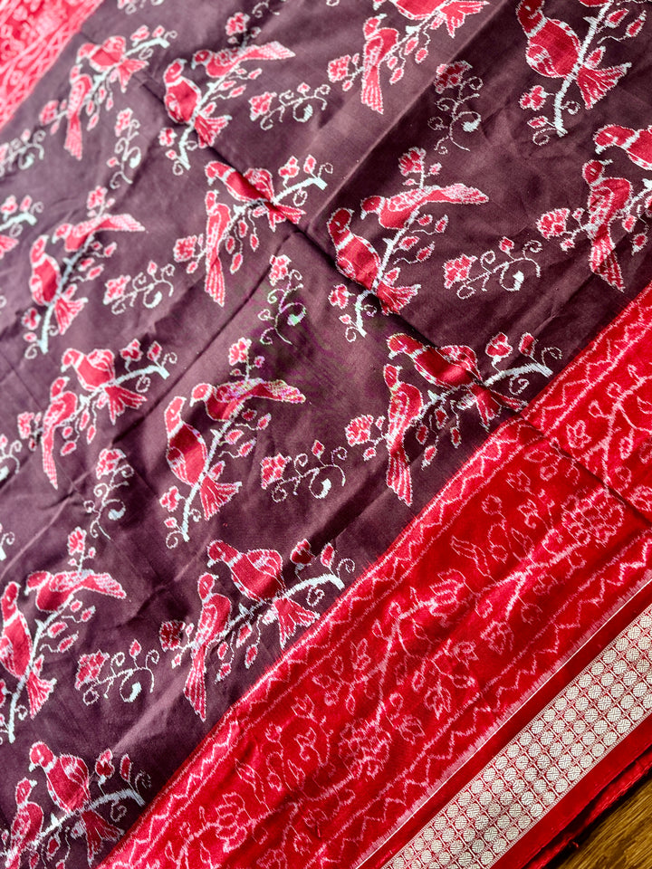 Bird theme Sambalpuri double ikkat pure silk saree in brown and red combination |Odisha Weaves
