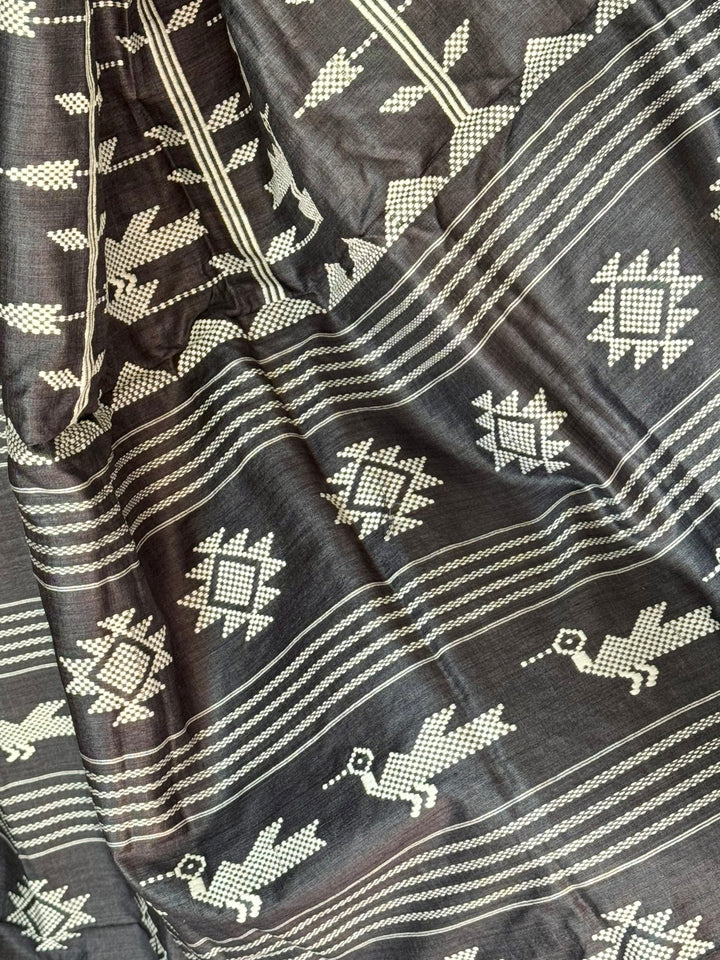Ganjam Bomkai inspired handwoven pure Tussar silk saree in Black color