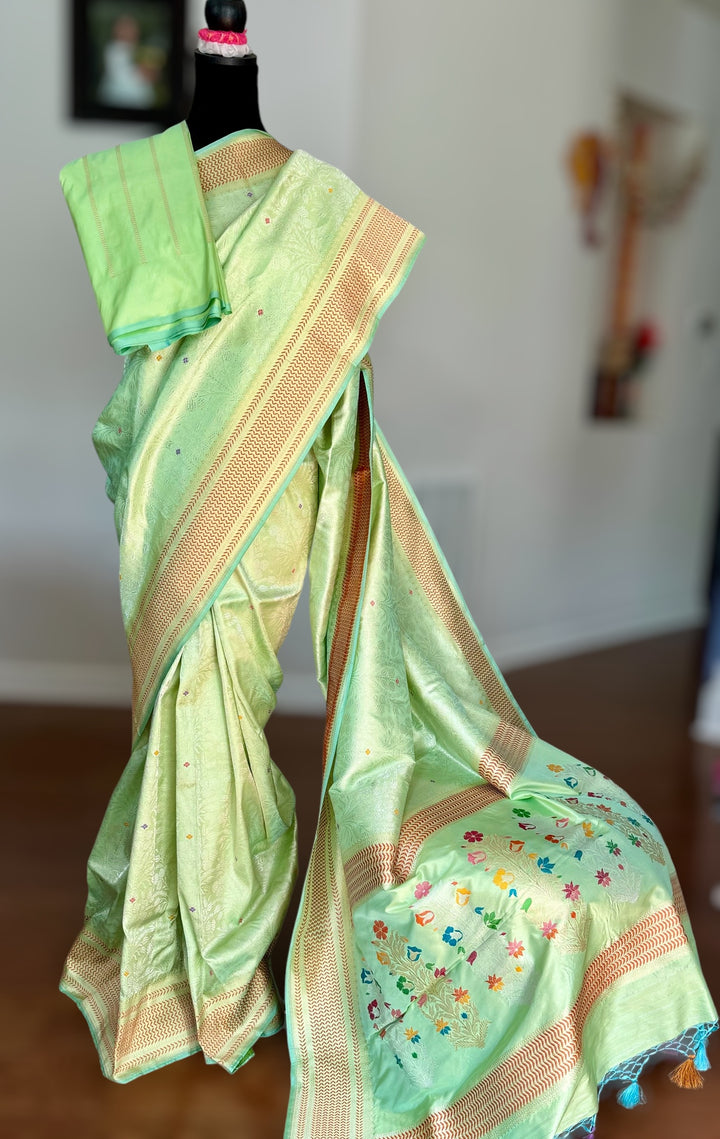 Mint Green Banarasi handloom brocade weaved pure silk saree with Tanchoi meenakari kadhuwa weave saree