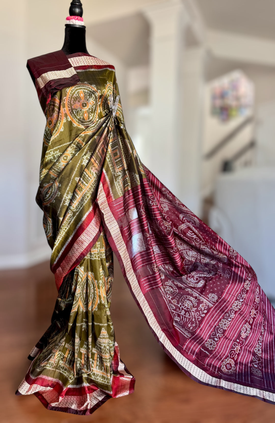 Olive green with maroon handwoven Sambalpuri Ikat Silk saree |Odisha Weaves