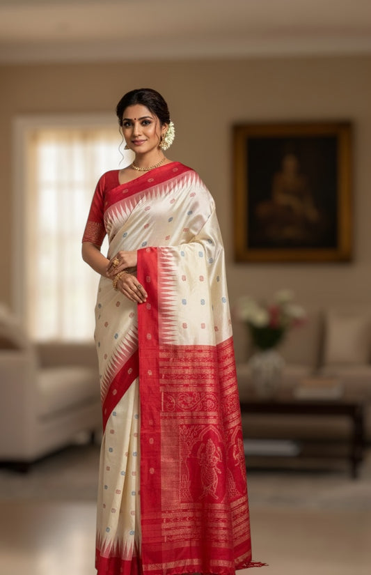 Nartaki pallu sambalpuri ikat with bomkai motifs in off white with red pure silk saree - Odisha weaves