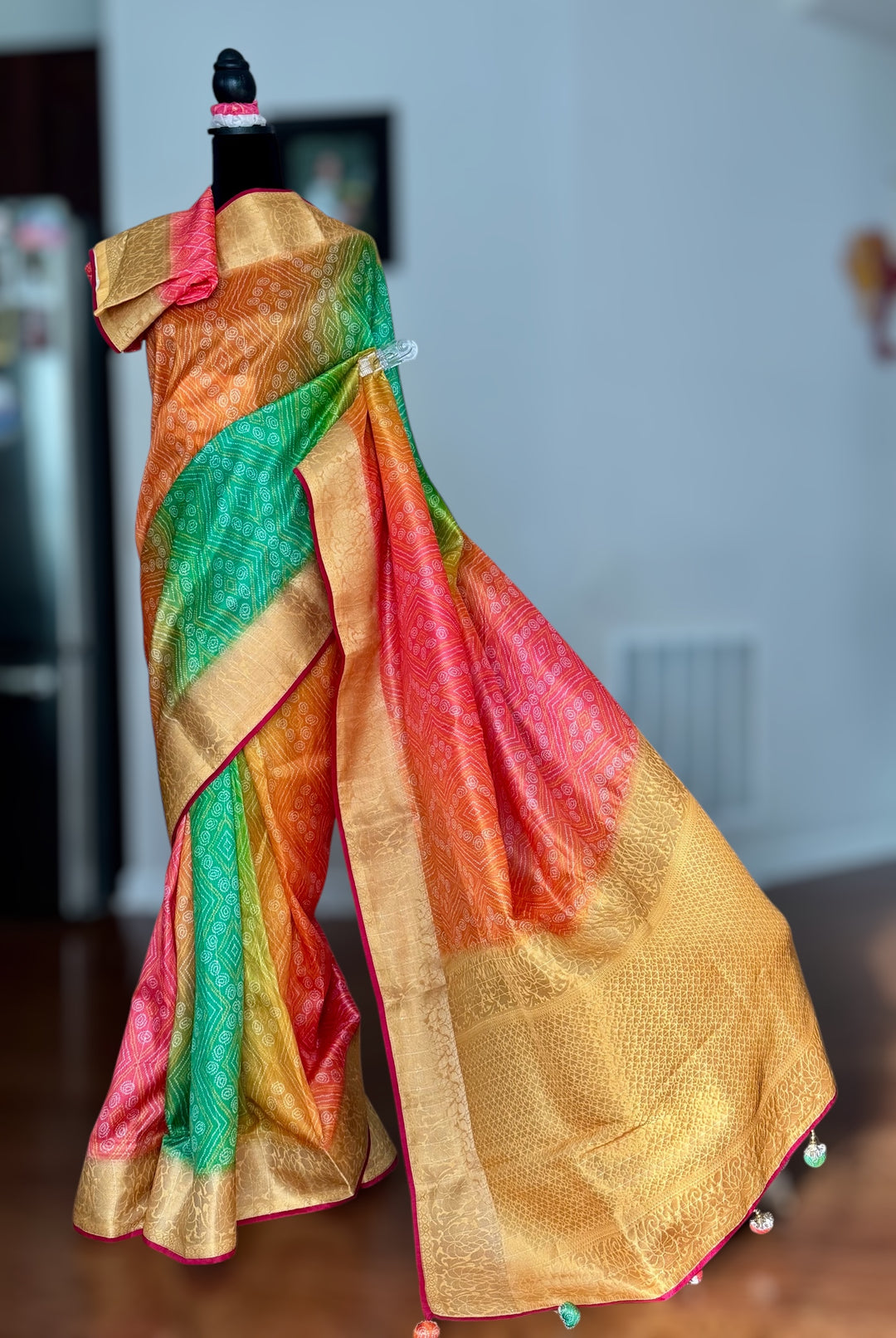 Multi colored Bandhini printed silk saree|Party Wear Saree|PPS