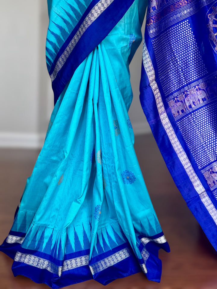 Konark theme Handwoven Bomkai Pure Silk Saree – Turquoise Blue with Royal Blue Pallu from Odisha Weaves