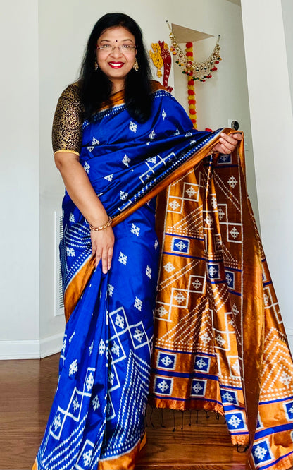 Blue with orange color handwoven ikat pure silk saree|Odisha Weaves|Contemporary Ikat|Antara