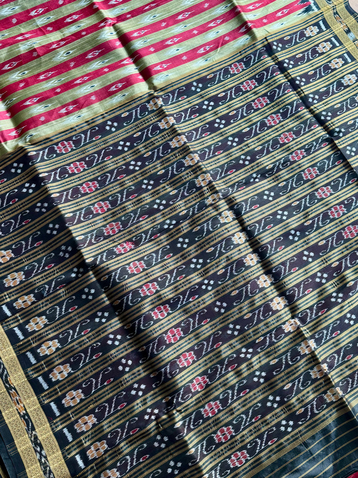 Maroon Beige Chandrika in striped body Contemporary Ikat Pure Silk Saree|Odisha Weaves|Mishrita