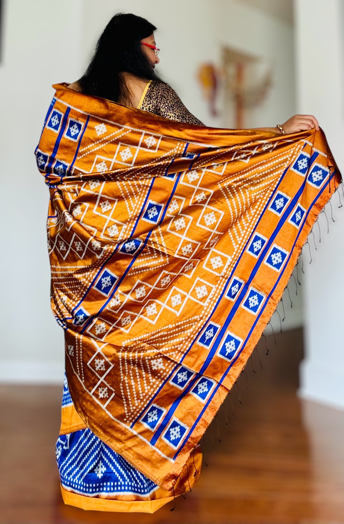 Blue with Mustard Yellow color handwoven ikat pure silk saree|Odisha Weaves|Contemporary Ikat|Antara