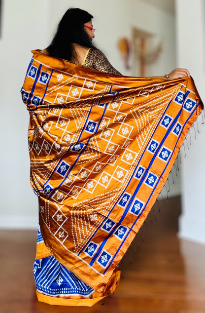 Blue with Mustard Yellow color handwoven ikat pure silk saree|Odisha Weaves|Contemporary Ikat|Antara