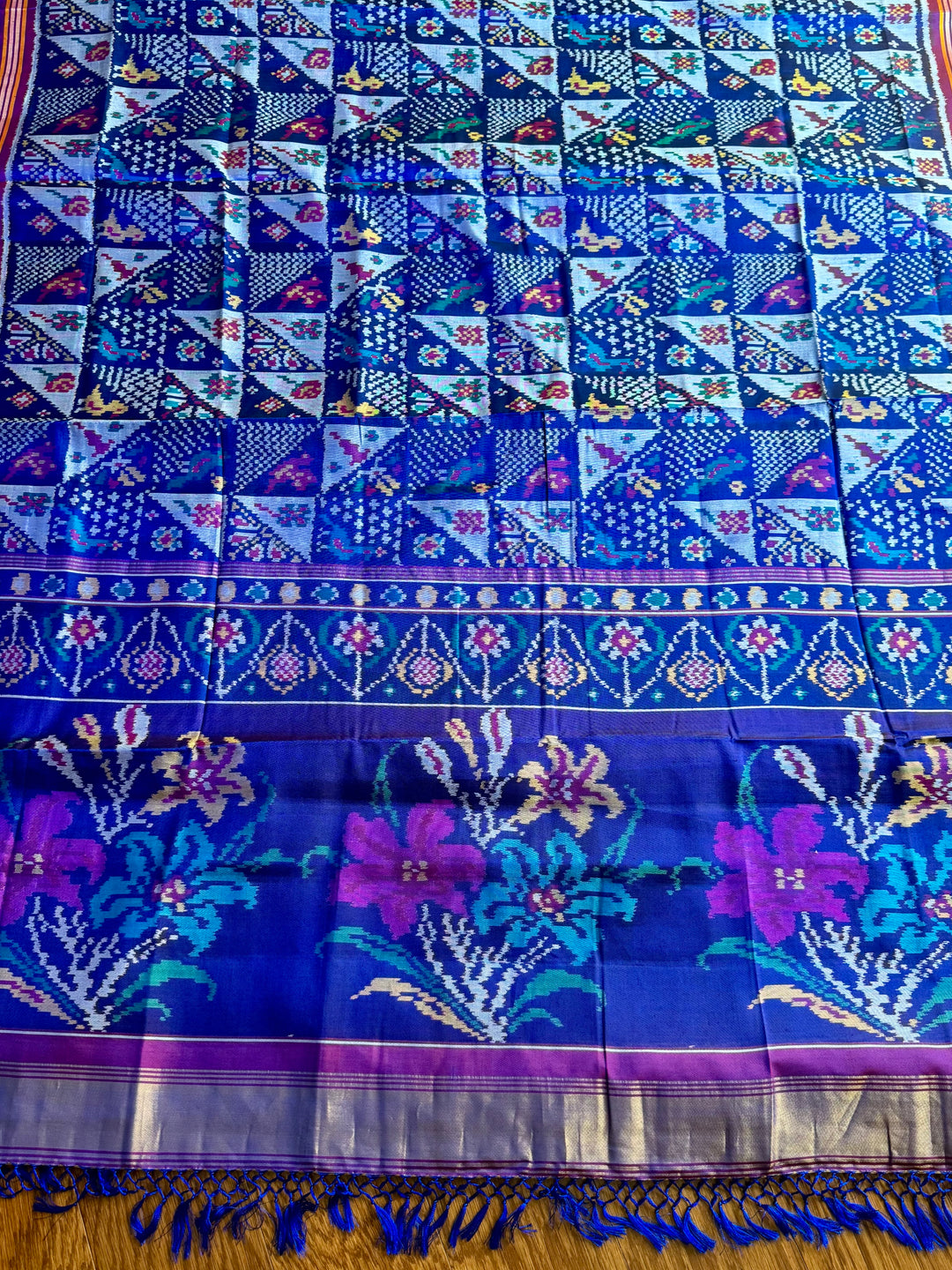 Blue color semi (double) ikat patan Patola pure silk saree