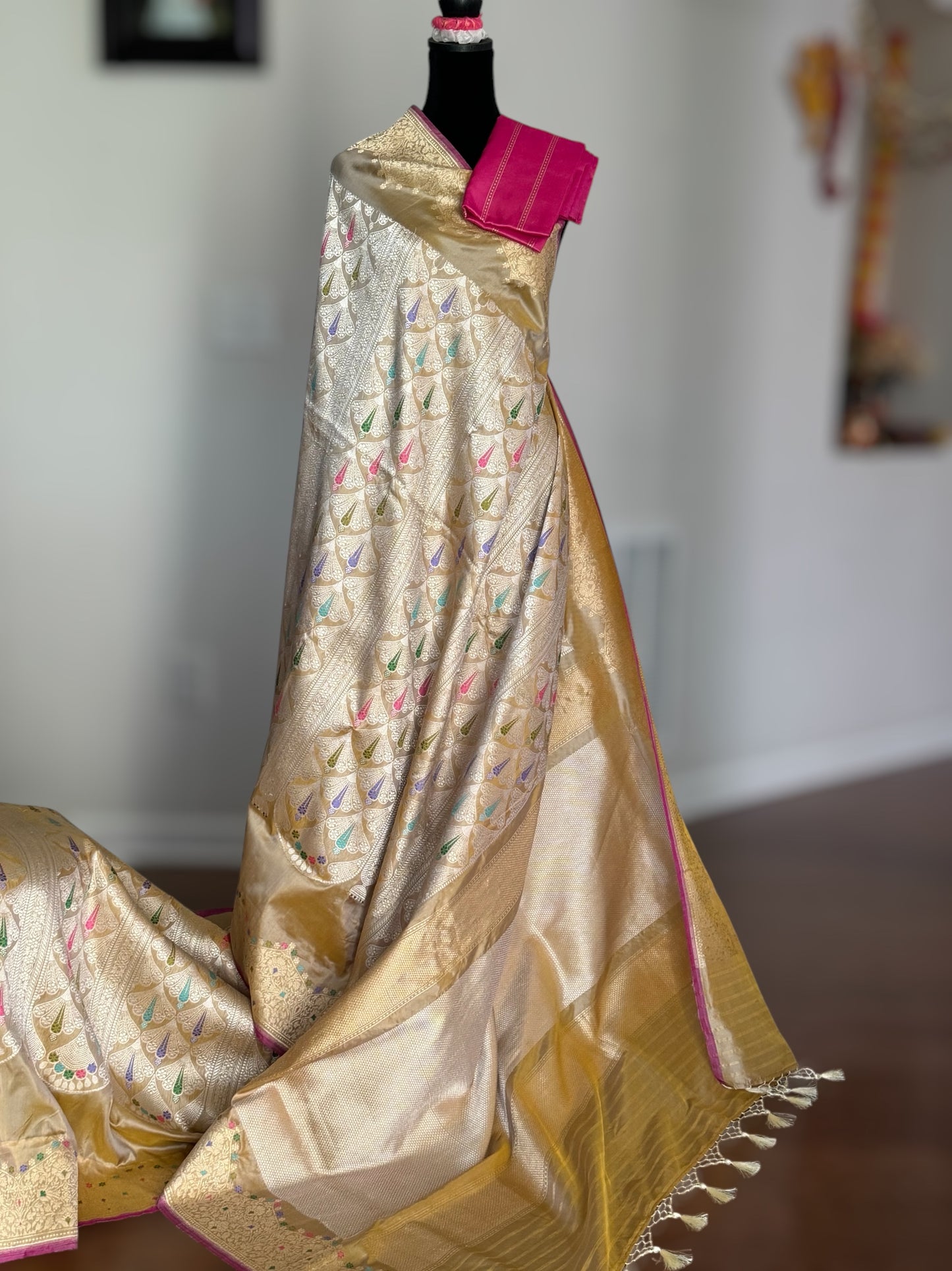 Champagne Color Banarasi ektara weaved pure katan silk saree with Kadhwa Janngla and meenakari work