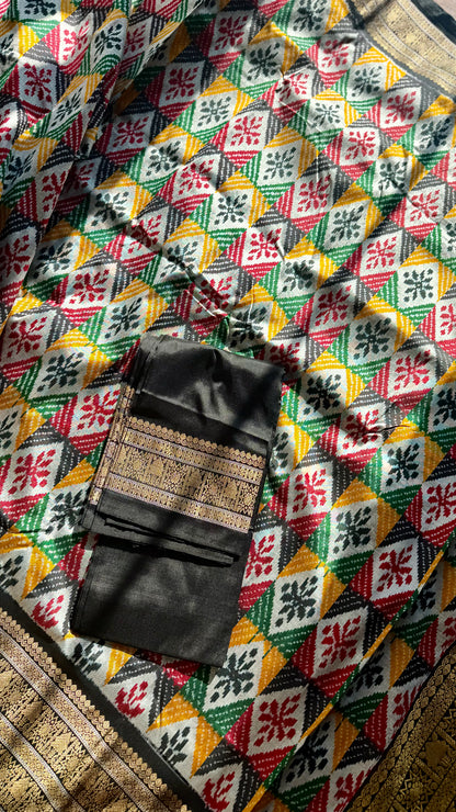 Kanjivaram Ikat Pure Silk Saree with Geometric Motifs(Pochampally)Fusion Silk Saree Unstitched Blouse