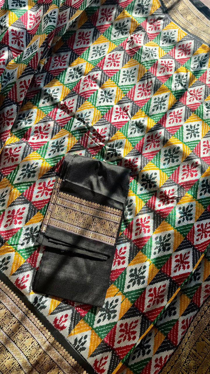 Kanjivaram Ikat Pure Silk Saree with Geometric Motifs(Pochampally)Fusion Silk Saree Unstitched Blouse