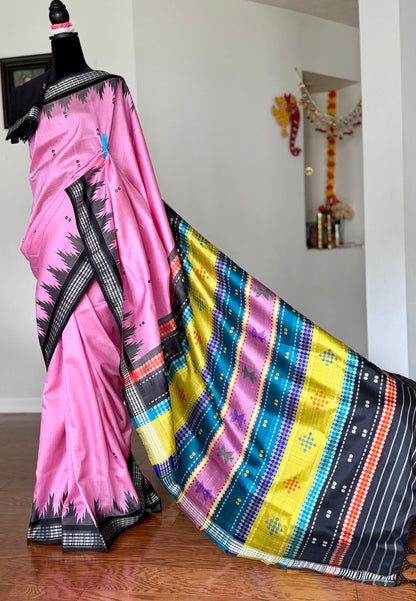 Onion pink traditional weaving Berhampuri colorful Single pallu Pure Silk Saree