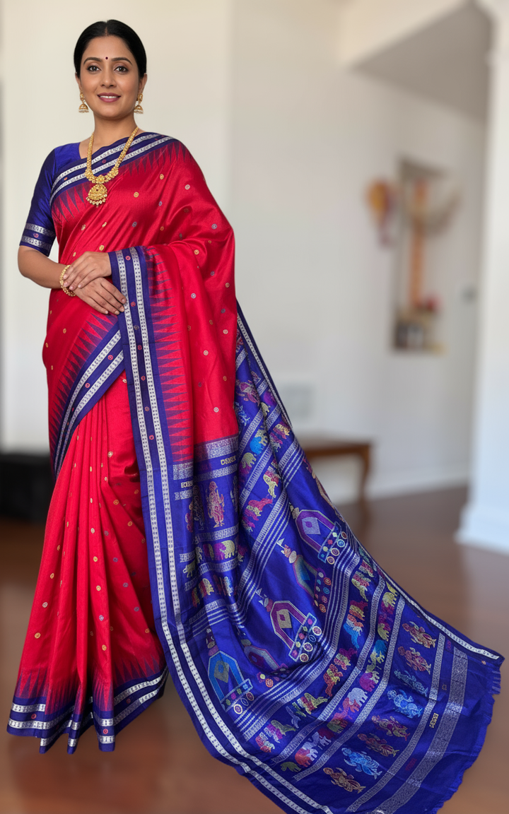 Gorgeous Red with Royal BlueNandighosa pure silk saree from Odisha Weaves| Bomkai|