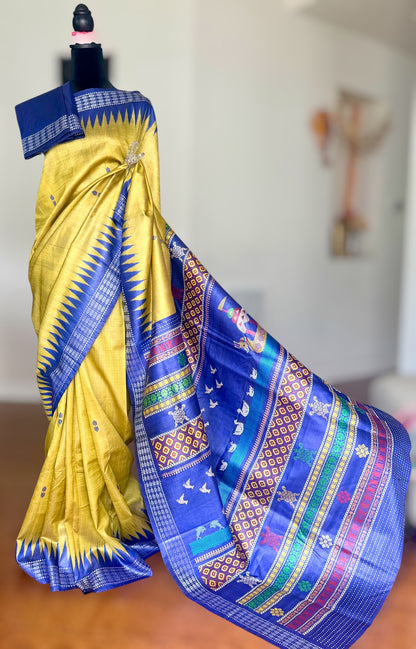 Boita theme handwoven pure Tussar silk saree in greenish yellow and blue color