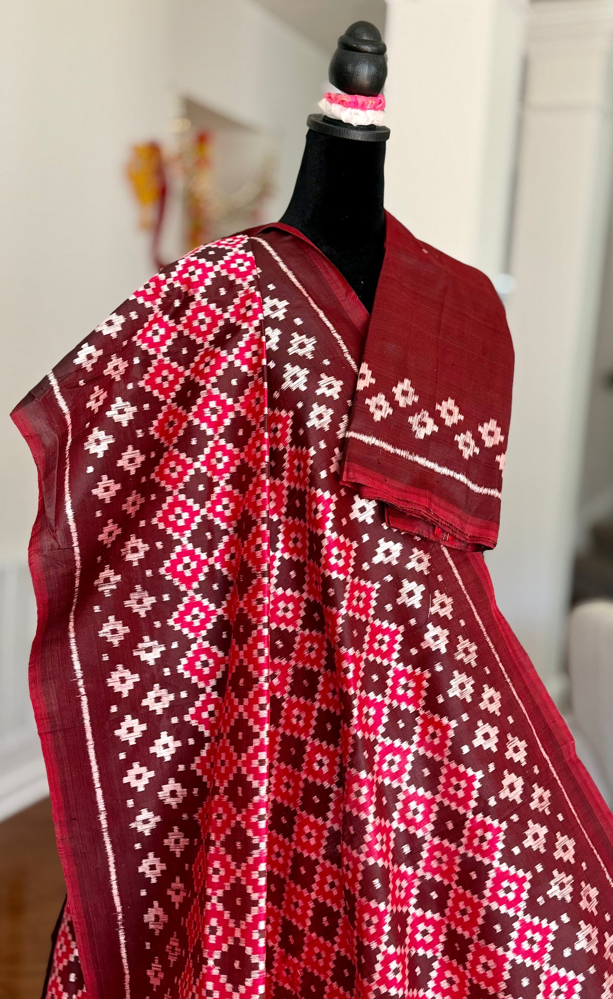 Maroon handwoven ikat pure silk saree with pasapali design|Odisha Weaves|Contemporary Ikat|Antara