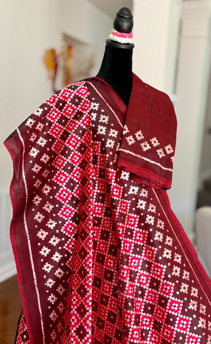 Maroon handwoven ikat pure silk saree with pasapali design|Odisha Weaves|Contemporary Ikat|Antara