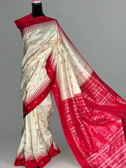 Sambalpuri ikat beige color with red pure silk saree from Odisha weaves