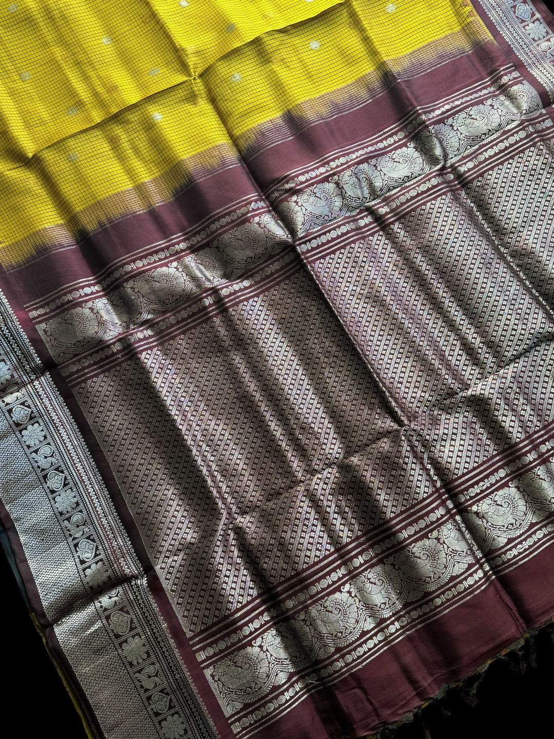 Handwoven Kuttu Gadwal pure Silk Saree in honey mustard color with Checks body