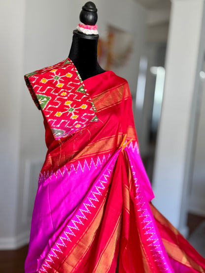 Bright Magenta-pink with Red Pochampally ikat pure silk saree with Patola pallu and Kanchi-Style Zari Border