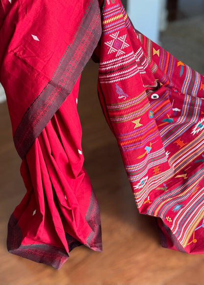 Maroon-ish Red Original Ganjam Bomkai Cotton Saree from Odisha Weaves