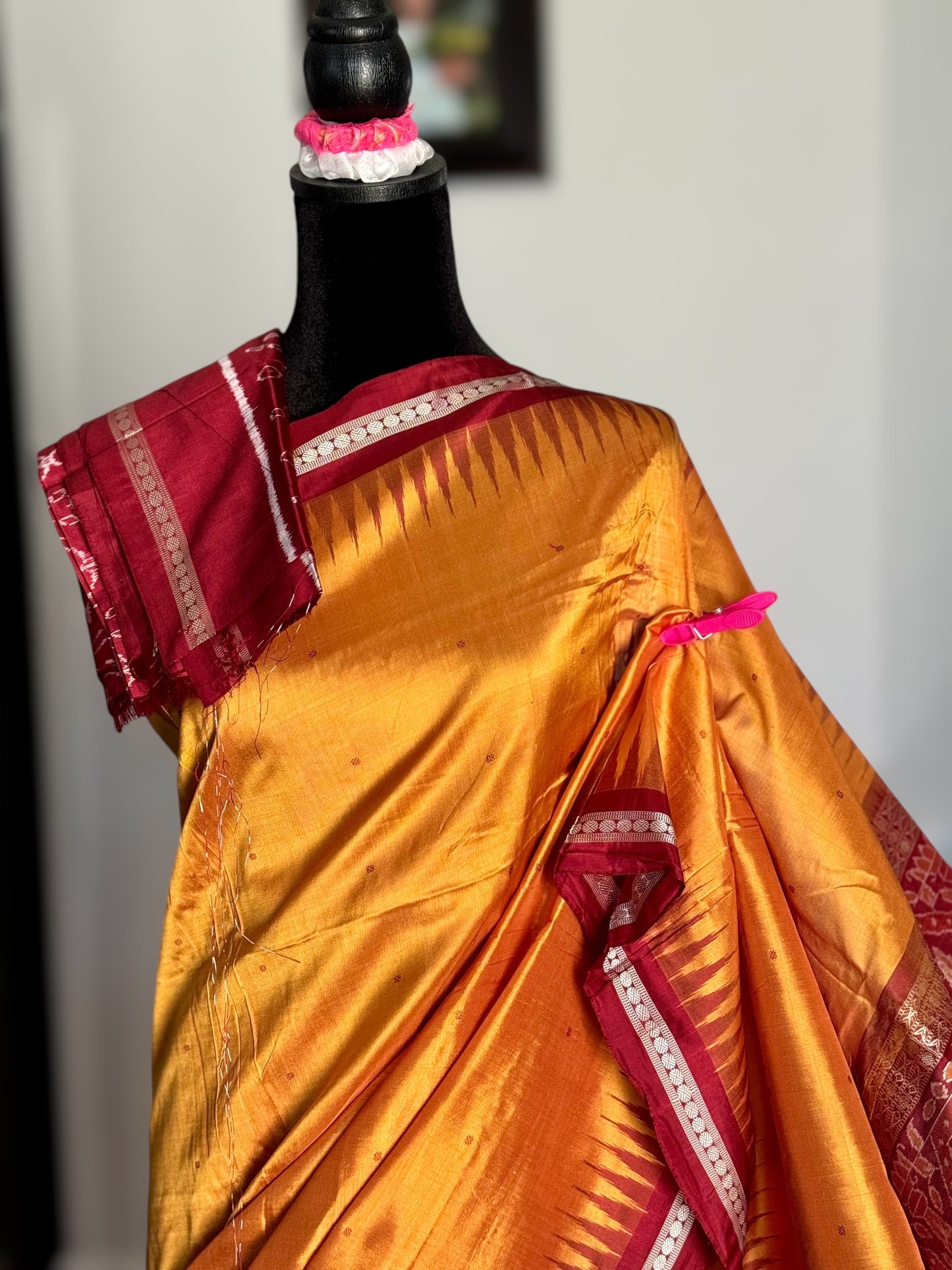 Pale Mustard Yellow Sambalpuri Ikat Pure Silk Saree with “Triphala” Ikat Pallu and Maroon Border