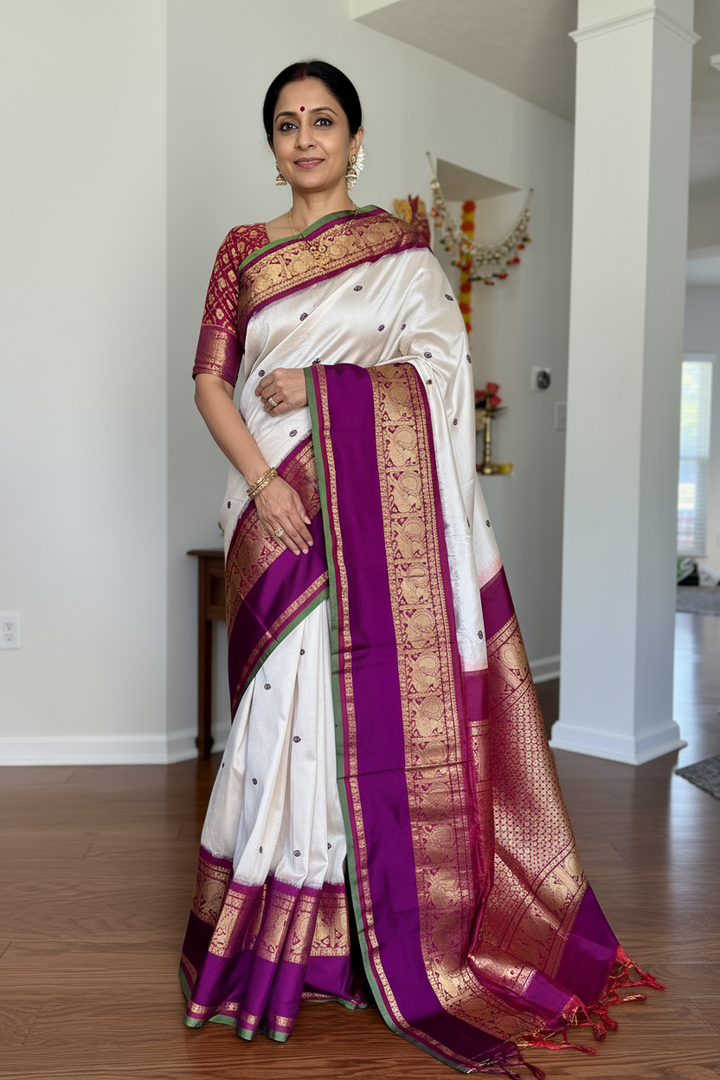 White Purple Ikkat (Pochampally)Silk Saree with Zari Woven Kanchipuram Border and Unstitched Blouse