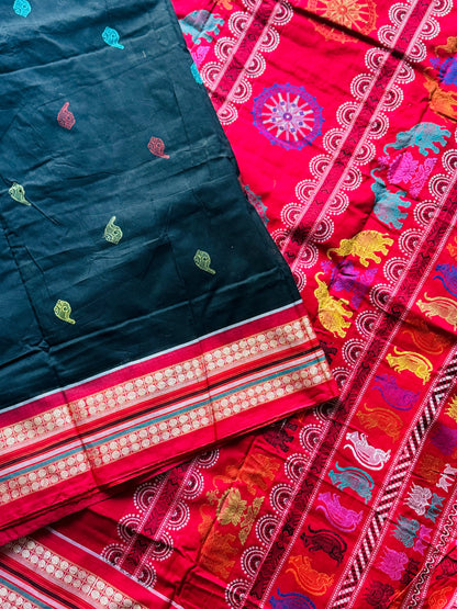 Handwoven Bomkai cotton saree in black red combinations