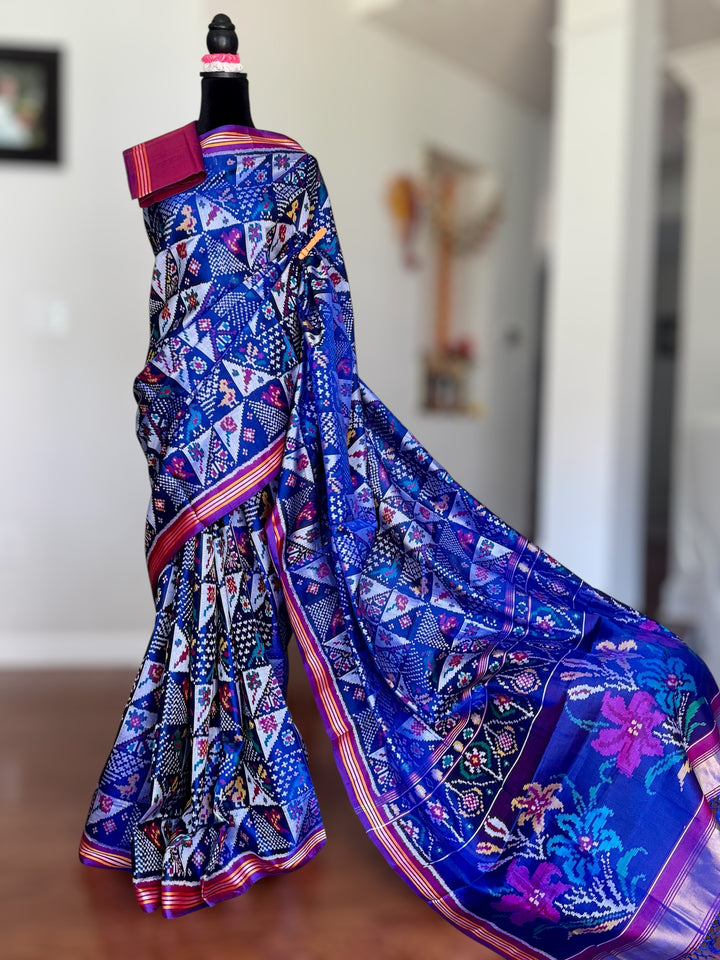 Blue color semi (double) ikat patan Patola pure silk saree