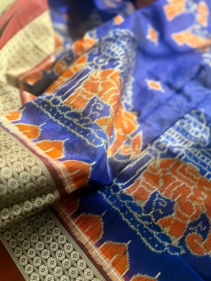 Blue & Maroon Sambalpuri Handwoven Ikat Elephant Motif pure silk Saree | Odisha weaves
