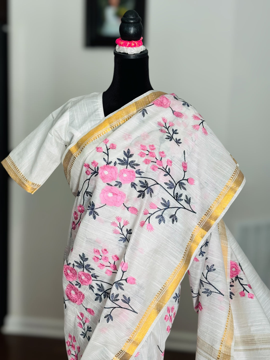 White color Linen muslin silk saree with embroidery work and stitched blouse| Value Vogue