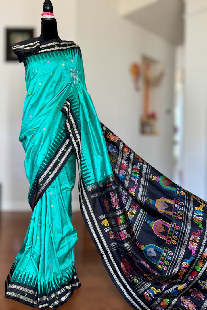 Gorgeous Light Aqua green Nandighosa pure silk saree from Odisha Weaves| Bomkai|