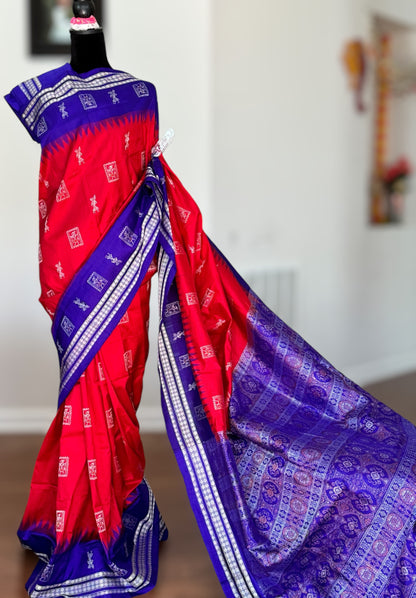 Gorgeous Bomkai pure silk saree in Red and Royal blue combination