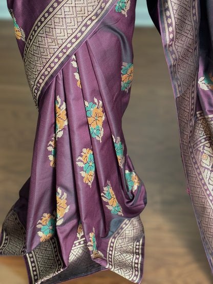 Plum color designer weaved and textured saree with stitched blouse| Value Vogue