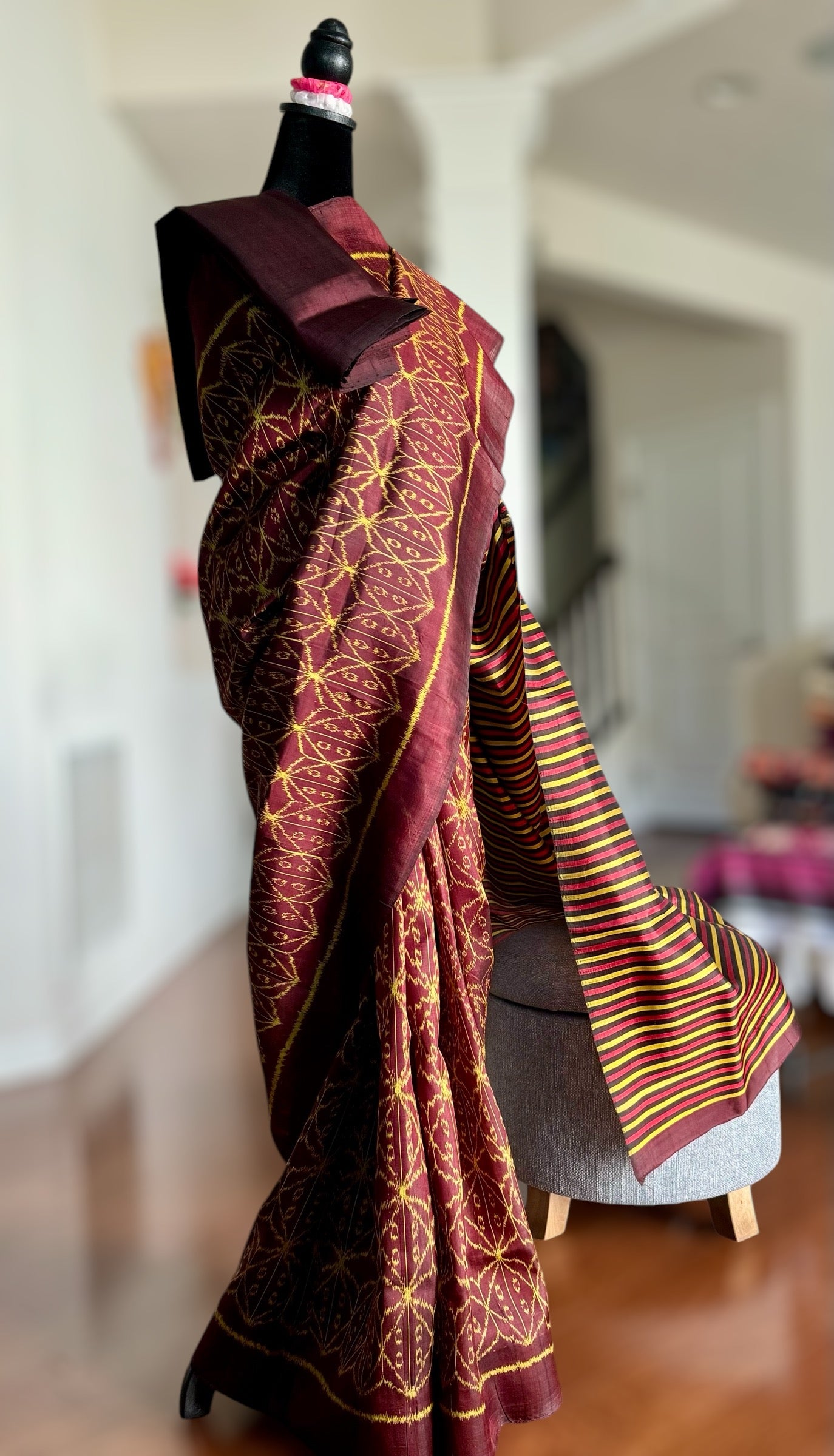 Brown Contemporary Pure silk ikat saree from Odisha weaves